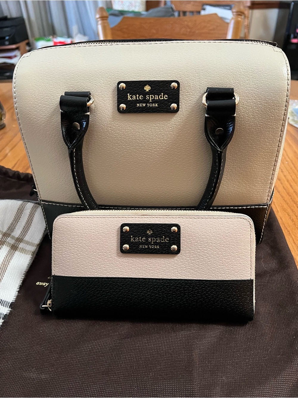 kate spade Cream and Black Two-Tone Leather Satchel with Wallet Set, NWOT